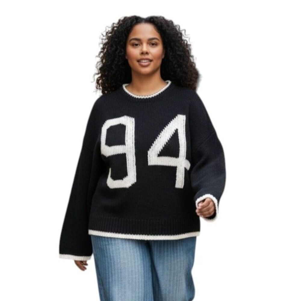 BY TOGETHER Varsity 94 Black 100% Cotton Oversized Sweater, NWT! Size LARGE